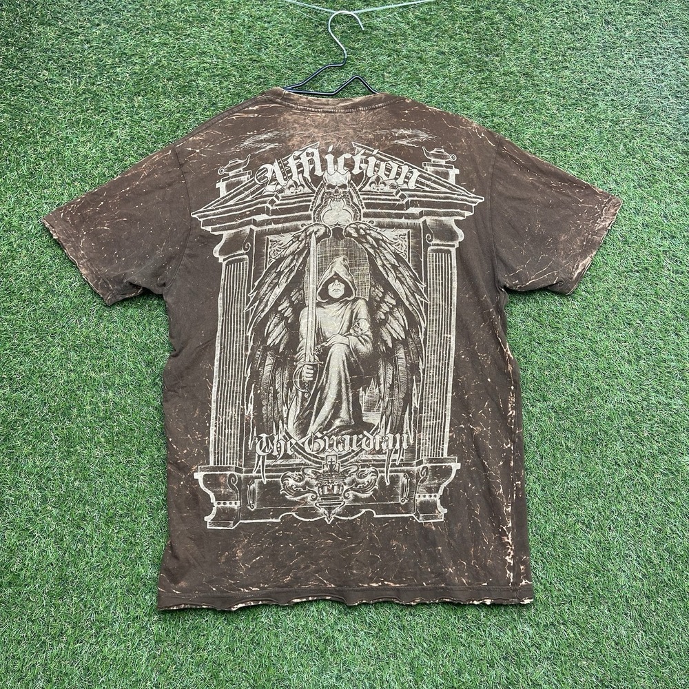 Affliction Vintage Mens Medium Brown Gothic Double-Sided Graphic Tee Wings y2k